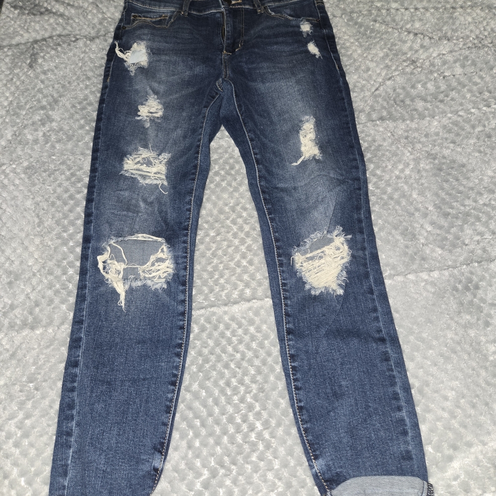 Garage Blue Straight Leg Jeans with Distressed Details